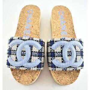 Chanel 20P Blue Tweed Denim CC Logo Cork Mule Slide Slip Platform Sandal Flat 41